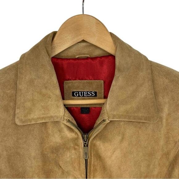 GUESS Vintage Y2K Camel Tan Suede Zippered Jacket Red Lining - Picture 2 of 15